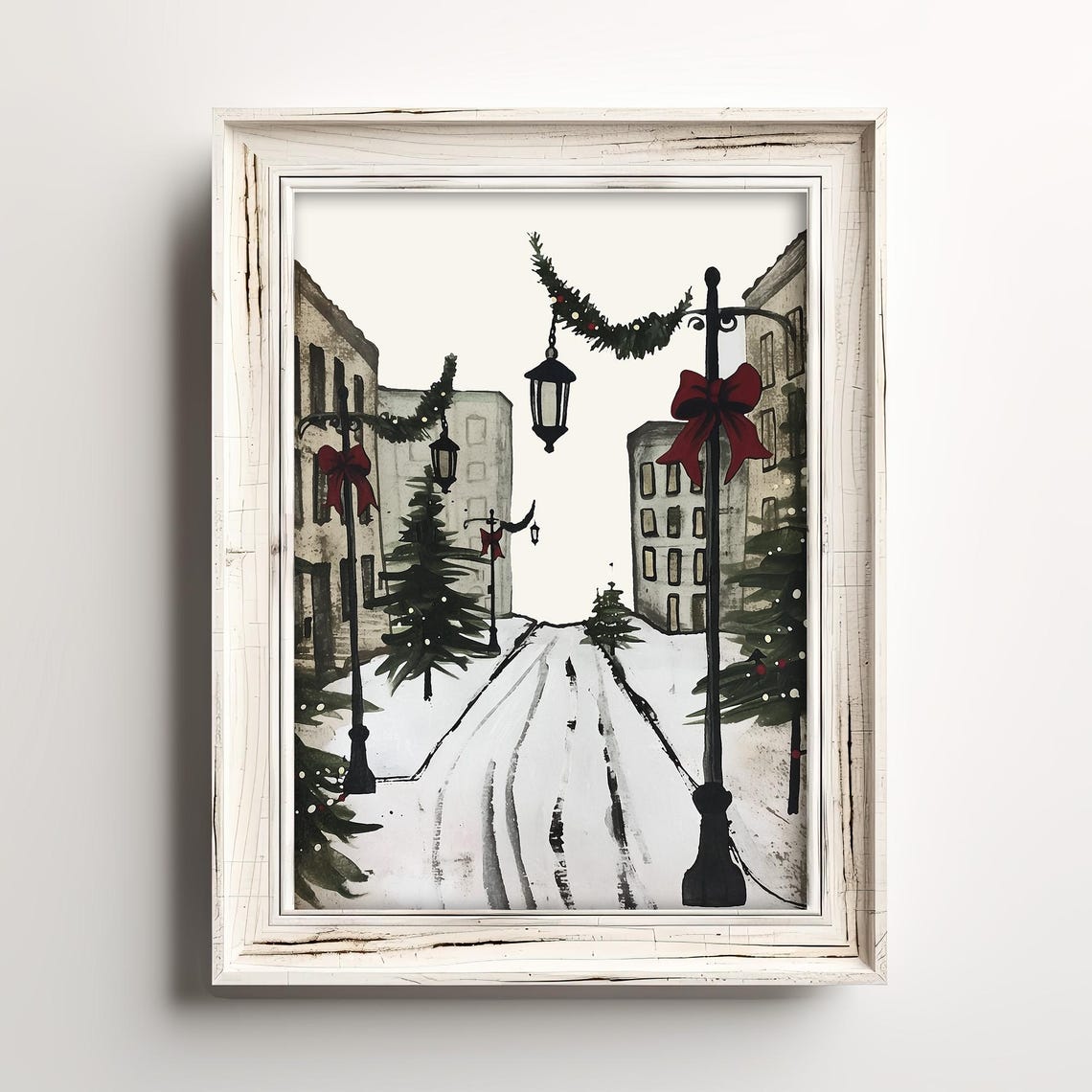 Snowy 1940s Downtown Street Vintage Christmas Town Sketch Print