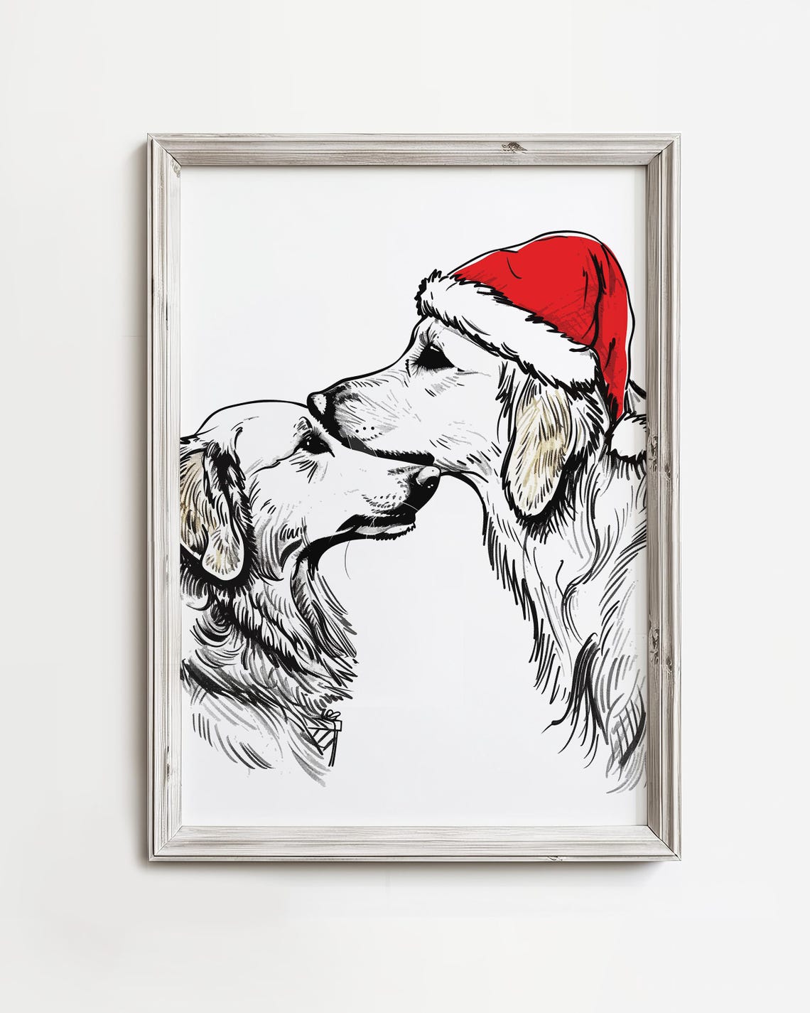 Christmas Golden Retriever Kisses Loving Holiday Season Dogs December Winter Wall Art Adorable Dog Sketch