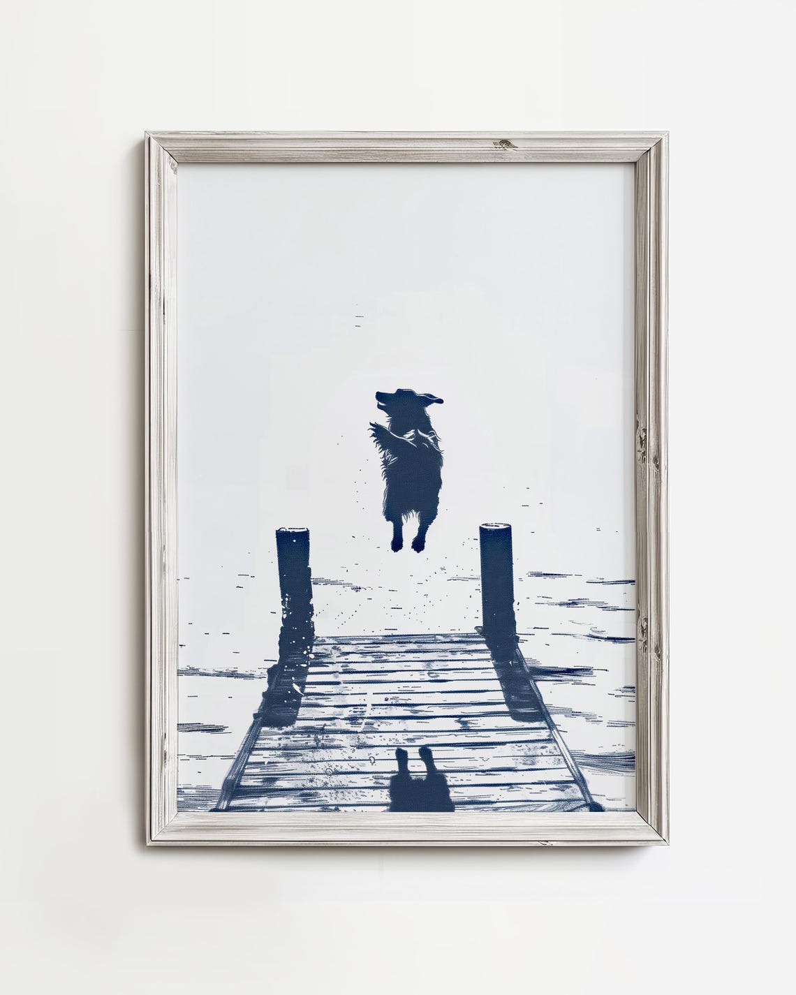 Happy Dog Jumping Off Dock Navy Silhouette Summer Lake Poster
