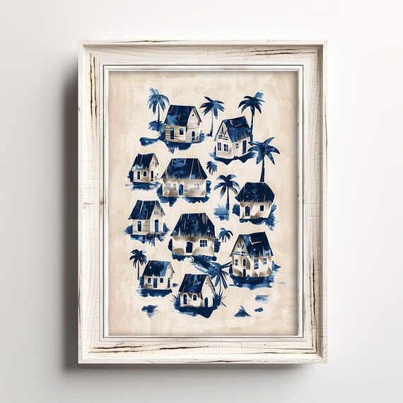 Vintage Blue White Beach Huts Cottages Coastal Watercolor Art Poster