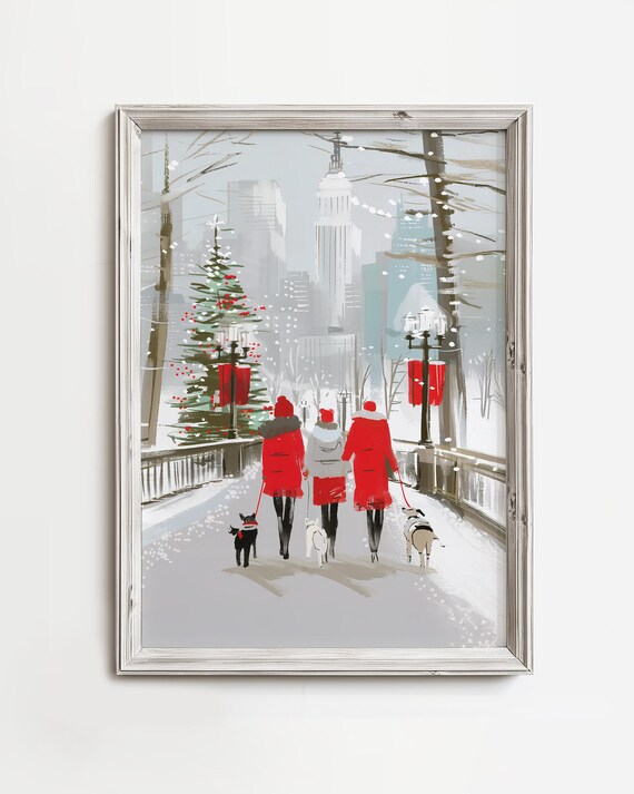 Three Friends Walking Dogs Snowy City Christmas Holiday Poster