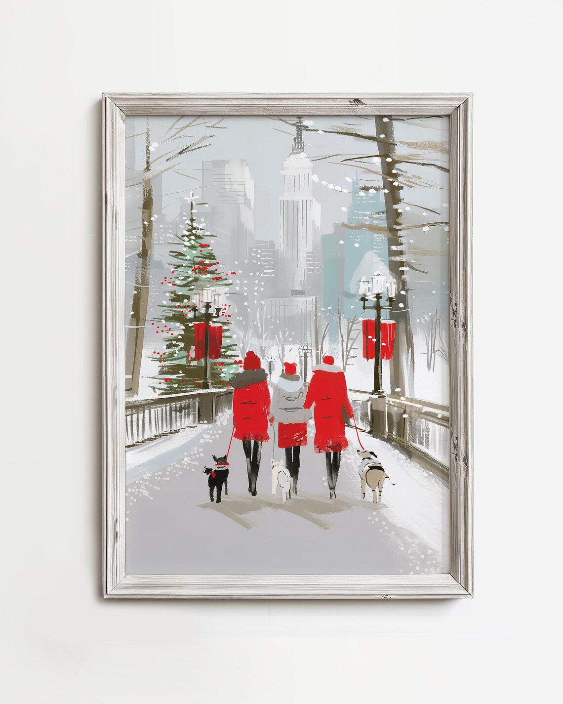Three Friends Walking Dogs Snowy City Christmas Holiday Poster