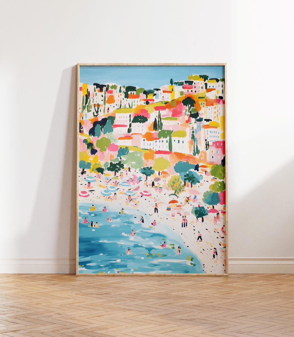 Sunny Colorful Coastal Town Beach Day Abstract Seaside Art Poster