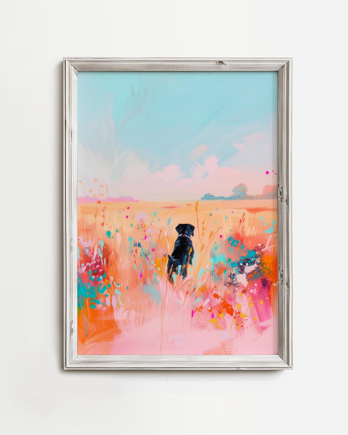 Black Labrador Pink Wildflower Field Colorful Dog Painting Art Poster