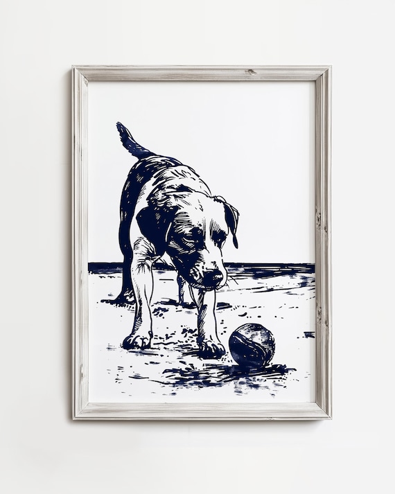 Labrador Beach Tennis Ball Navy Ink Coastal Dog Sketch Art Print