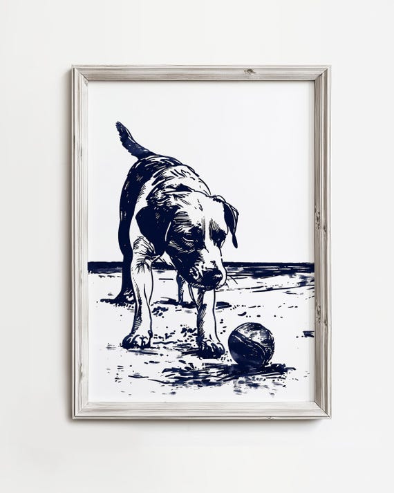 Puppy Finds Beach Tennis Ball Cute Coastal Dog Summer Home Wall Art Lake Sketch Cottage Decor