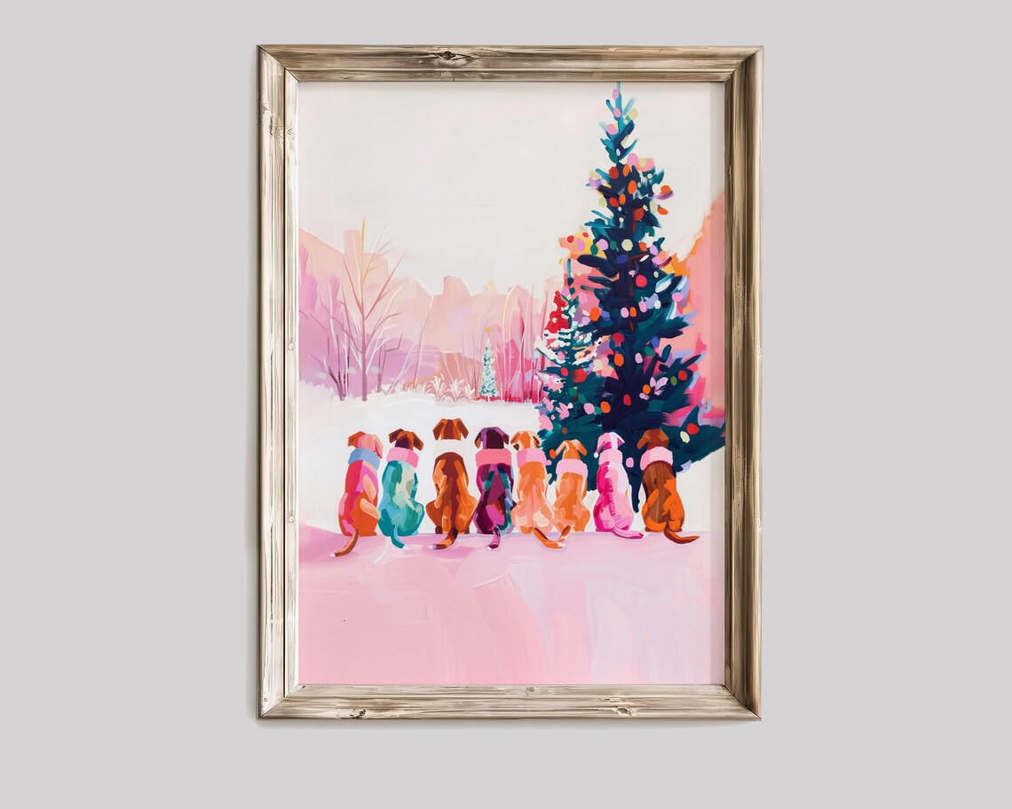 Christmas Pastel Dogs Looking At Lighted Tree