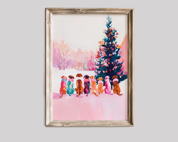 Christmas Pastel Dogs Looking At Lighted Tree