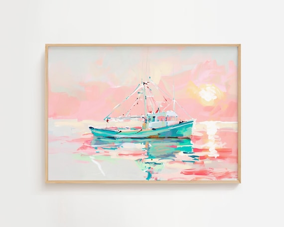 Pastel Shrimp Boat Pink Sunset Coastal Ocean Painting Art Poster