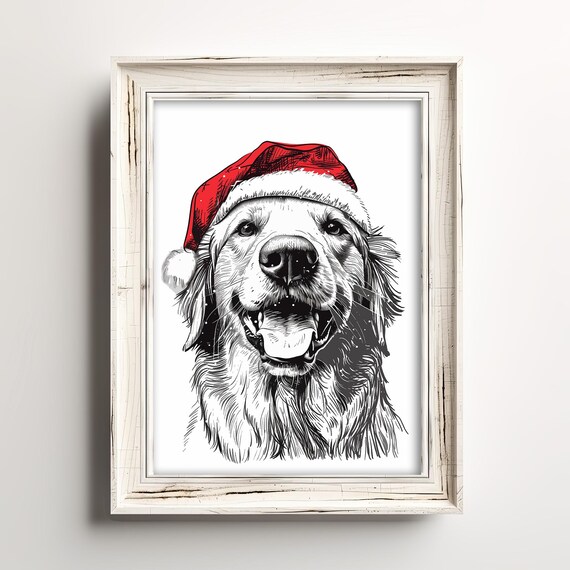 Golden Retriever Santa Hat Happy Sketch Christmas Dog Poster