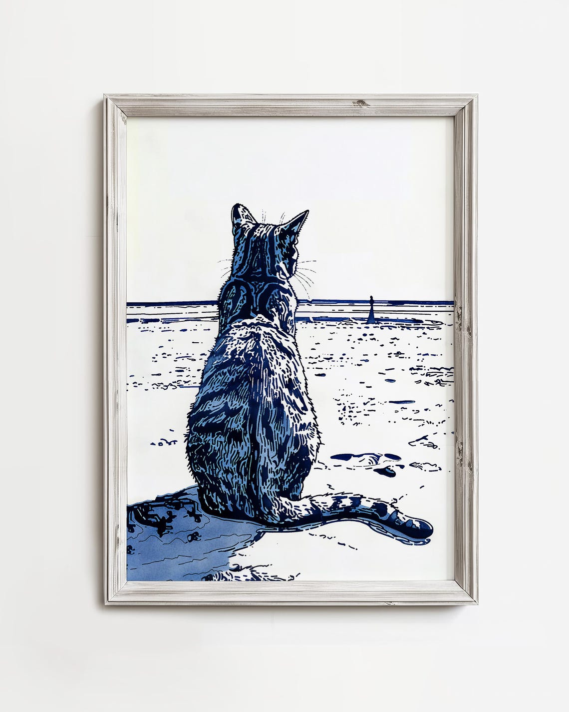 Tabby Cat Watching Ocean Waves Blue Ink Coastal Beach Art Poster