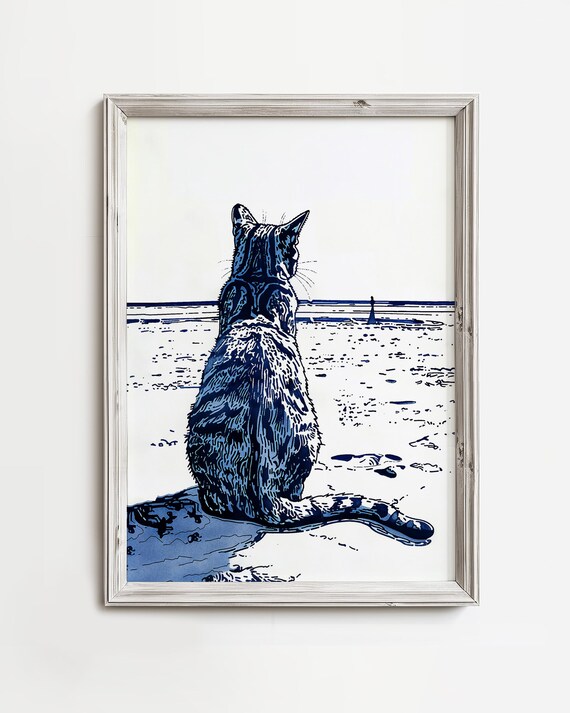 Tabby Cat Watching Ocean Waves Blue Ink Coastal Beach Art Poster