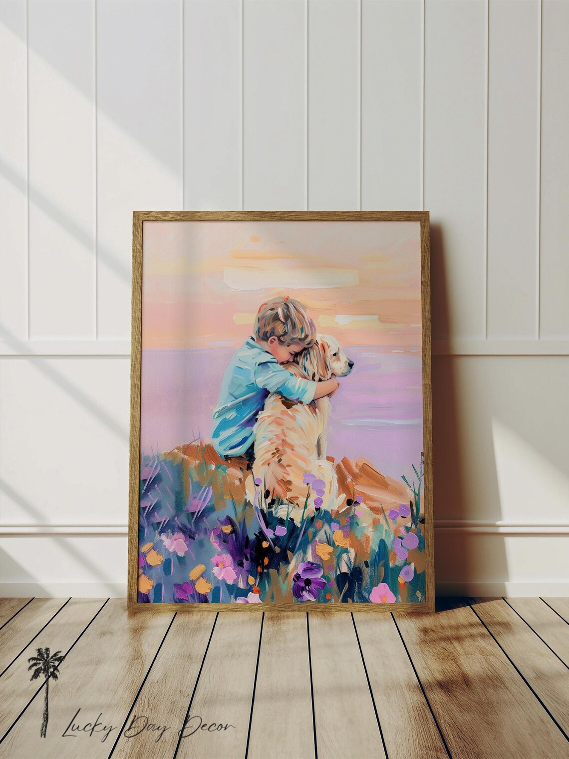 Boy Hugging Golden Retriever Sunset Pastel Friendship Painting Poster