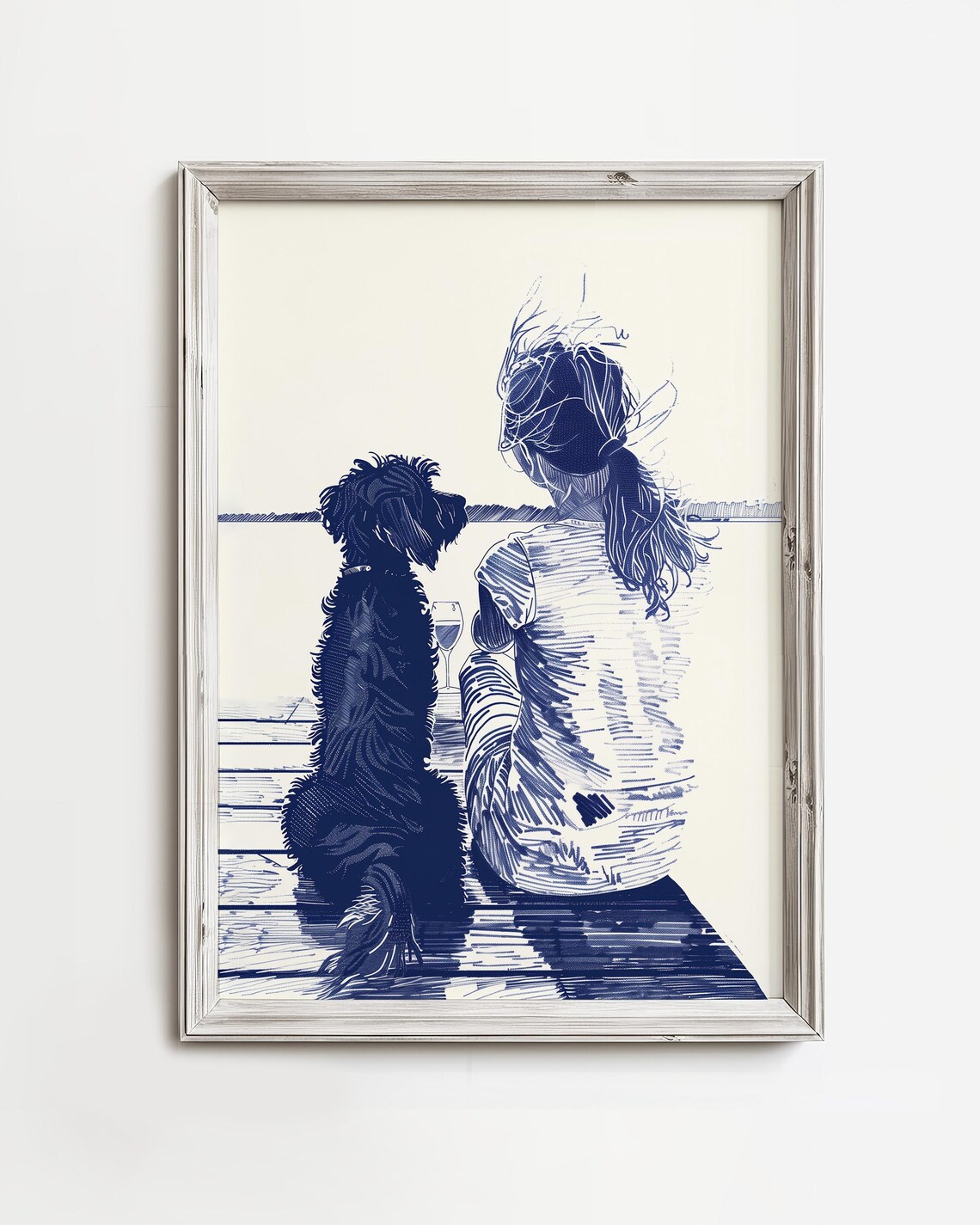 Woman and Dog on Dock with Wine Glass Navy Line Art Coastal Poster