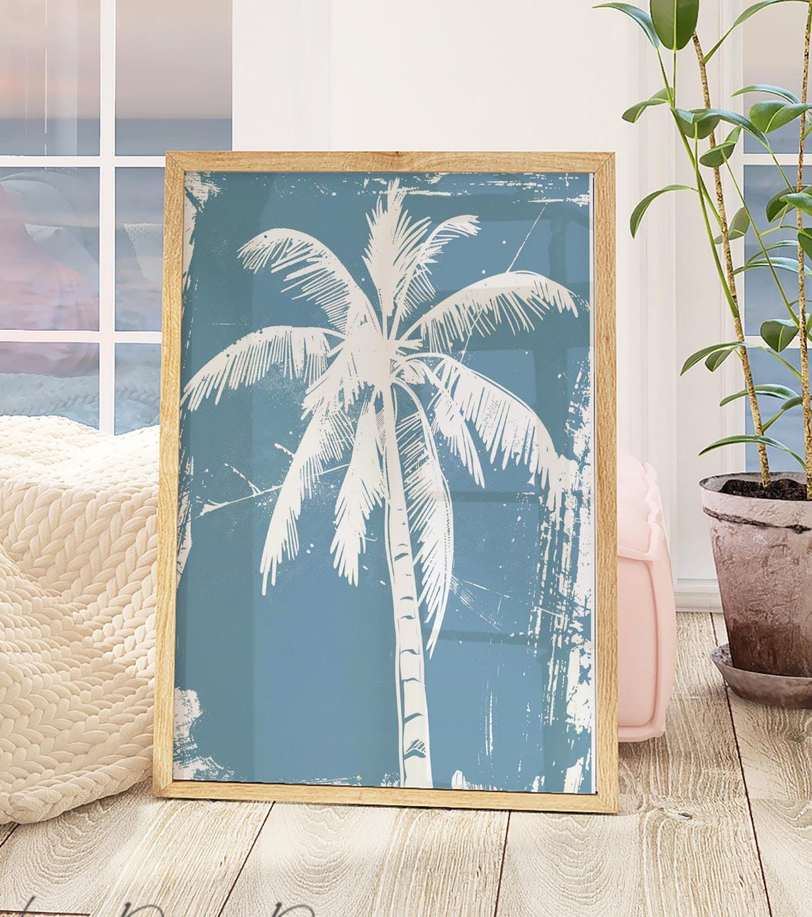 Tall Palm Tree Sketch Turquoise Coastal White Palm Tropical Art Poster