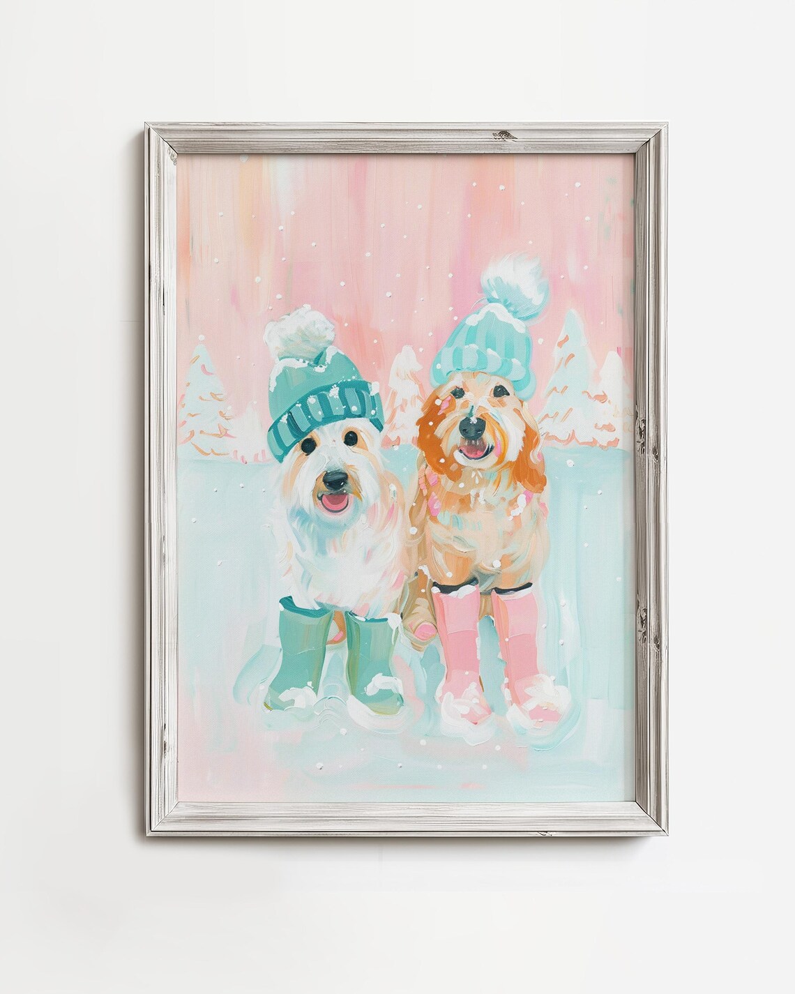 Two Happy Dogs In Winter Hats And Boots Pastel Pink Snowy Painting Poster