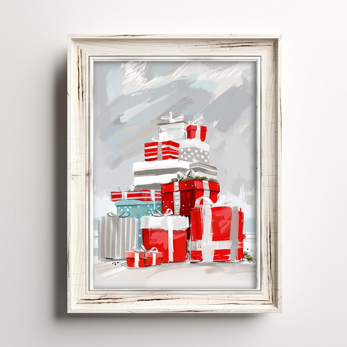Christmas Presents Stack Red White Snow Painting Poster Holiday