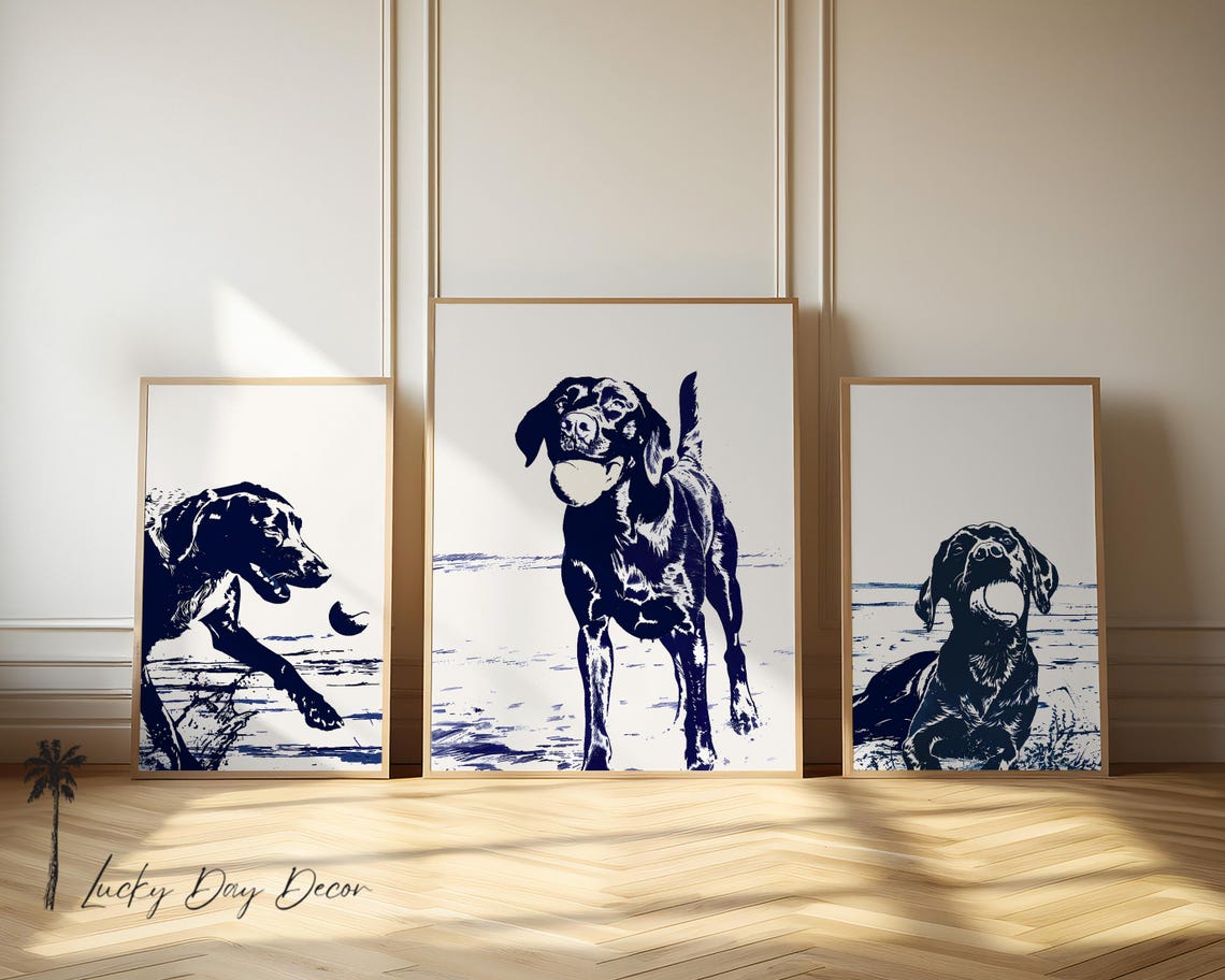 Labrador Retriever Fetch Play Navy Beach Set Of 3 Dog Poster