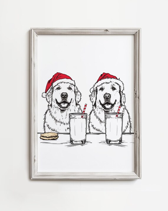 Two Golden Retrievers Drinking Milk Santa Hats Christmas Poster