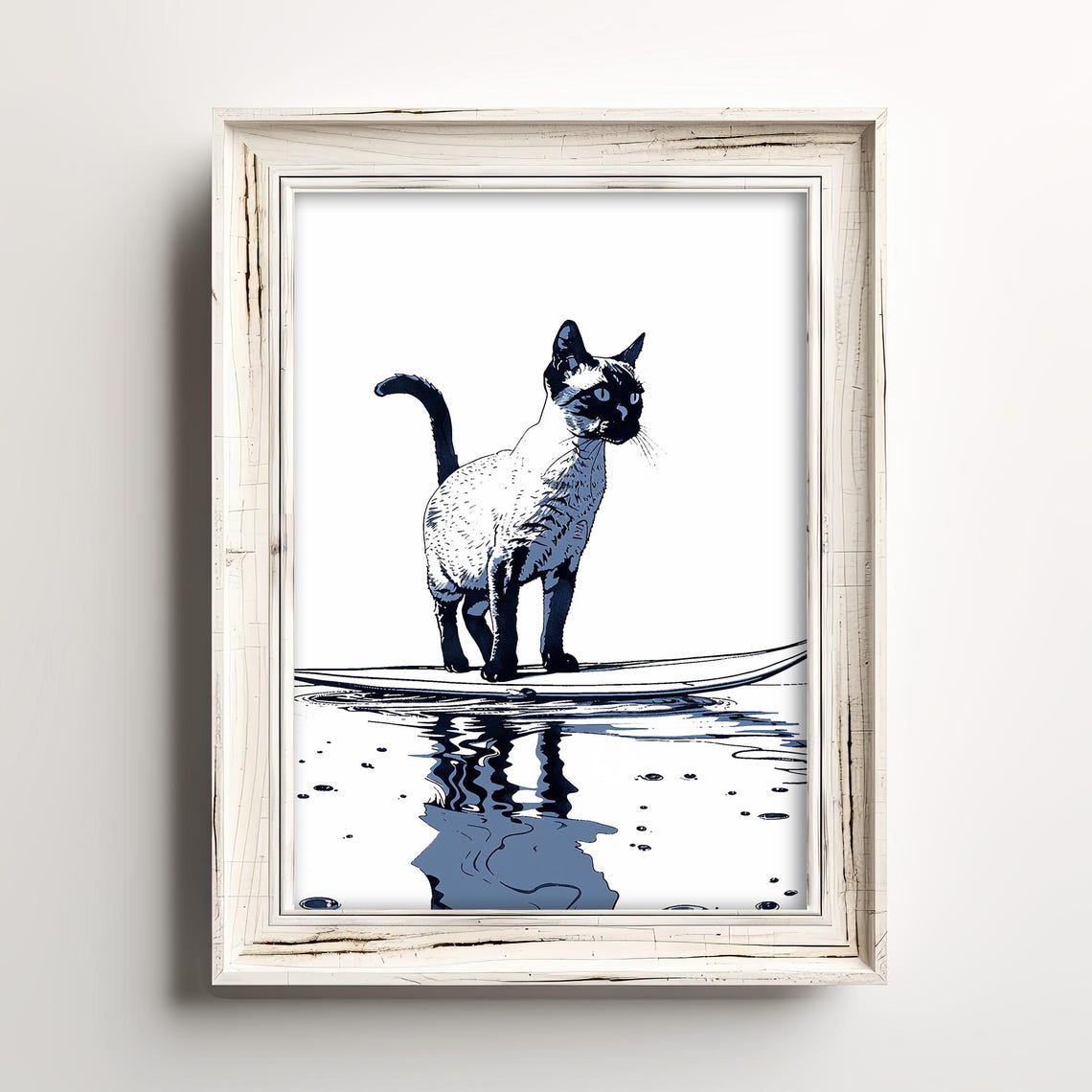 Siamese Cat Surfing Navy Ink Ocean Wave Coastal Surfing Art Poster
