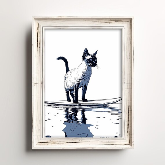 Siamese Cat Surfing Navy Ink Ocean Wave Coastal Surfing Art Poster