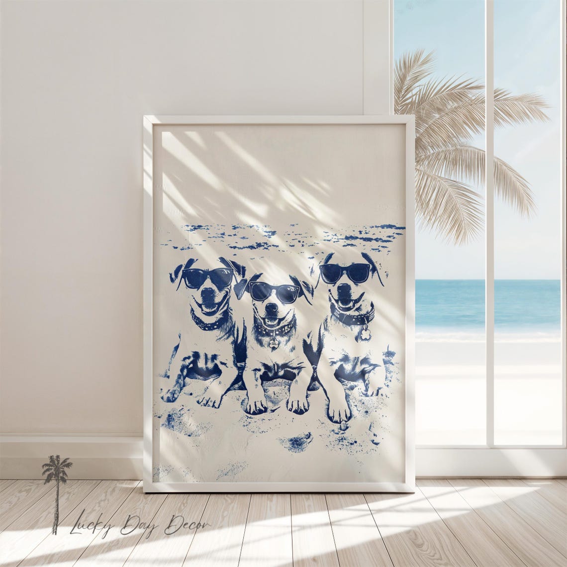 Three Happy Dogs In Sunglasses Beach Navy Ink Sketch Art Poster