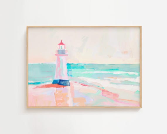 Pink Beach Lighthouse Colorful Coastal Painting Pastel Summer Acrylic Girly Seaside