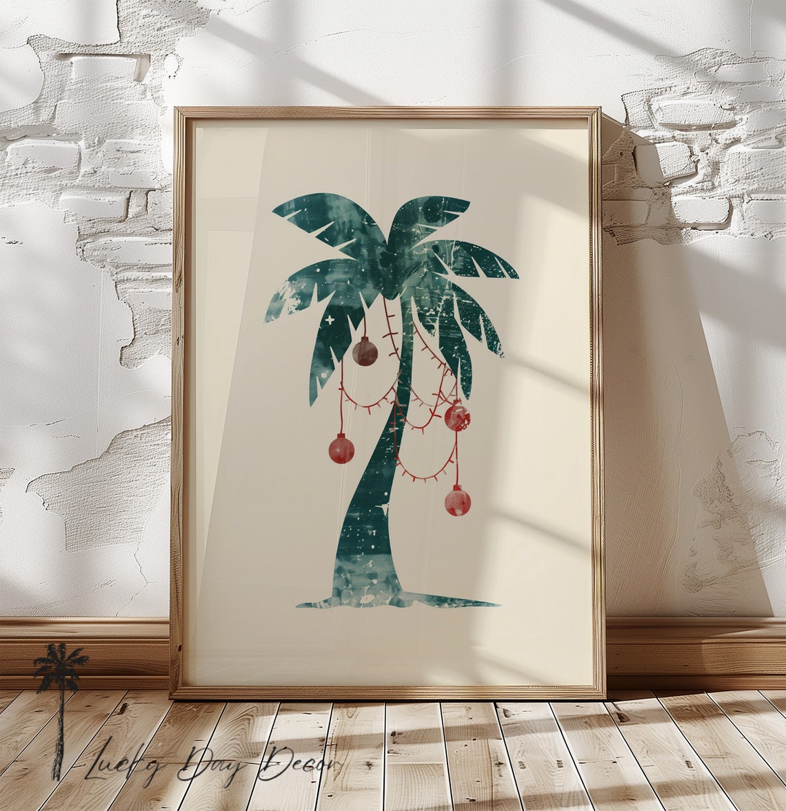 Tropical Christmas Palm Tree With Red Ornaments Watercolor Poster