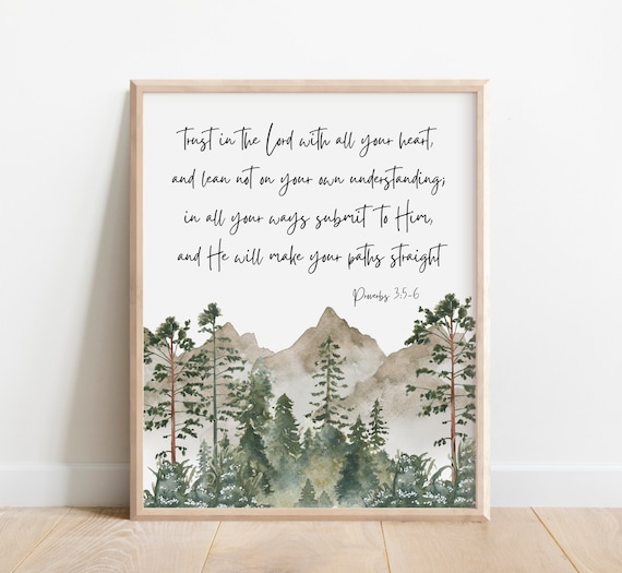 Proverbs 356 Trust In The Lord With All Your Heart Bible Verse Wall Art Scripture Print Watercolor Mountain Christian Gift Nature