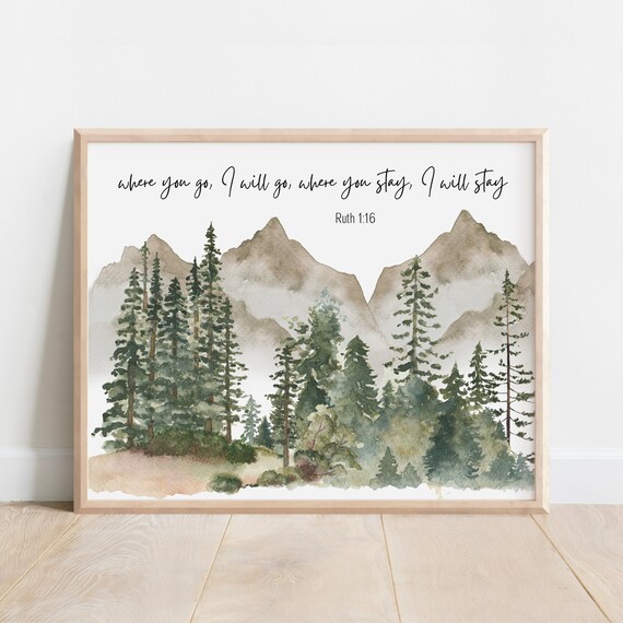 Ruth 116 Where You Go I Will Bible Verse Wall Art Christian Gift Scripture Print Wedding Watercolor Landscape Love Quote