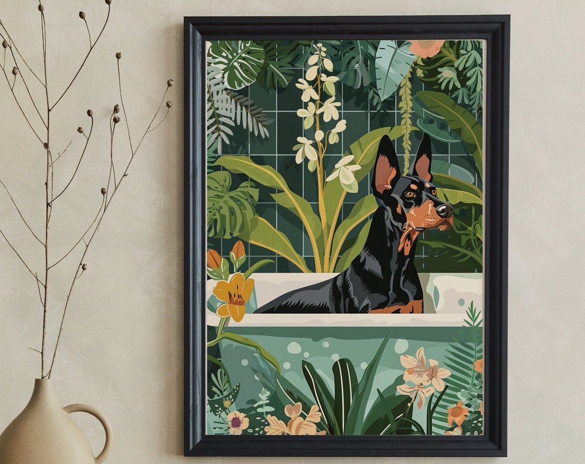 Doberman in Bathtub Tropical Botanical Maximalist Bathroom Dog Poster