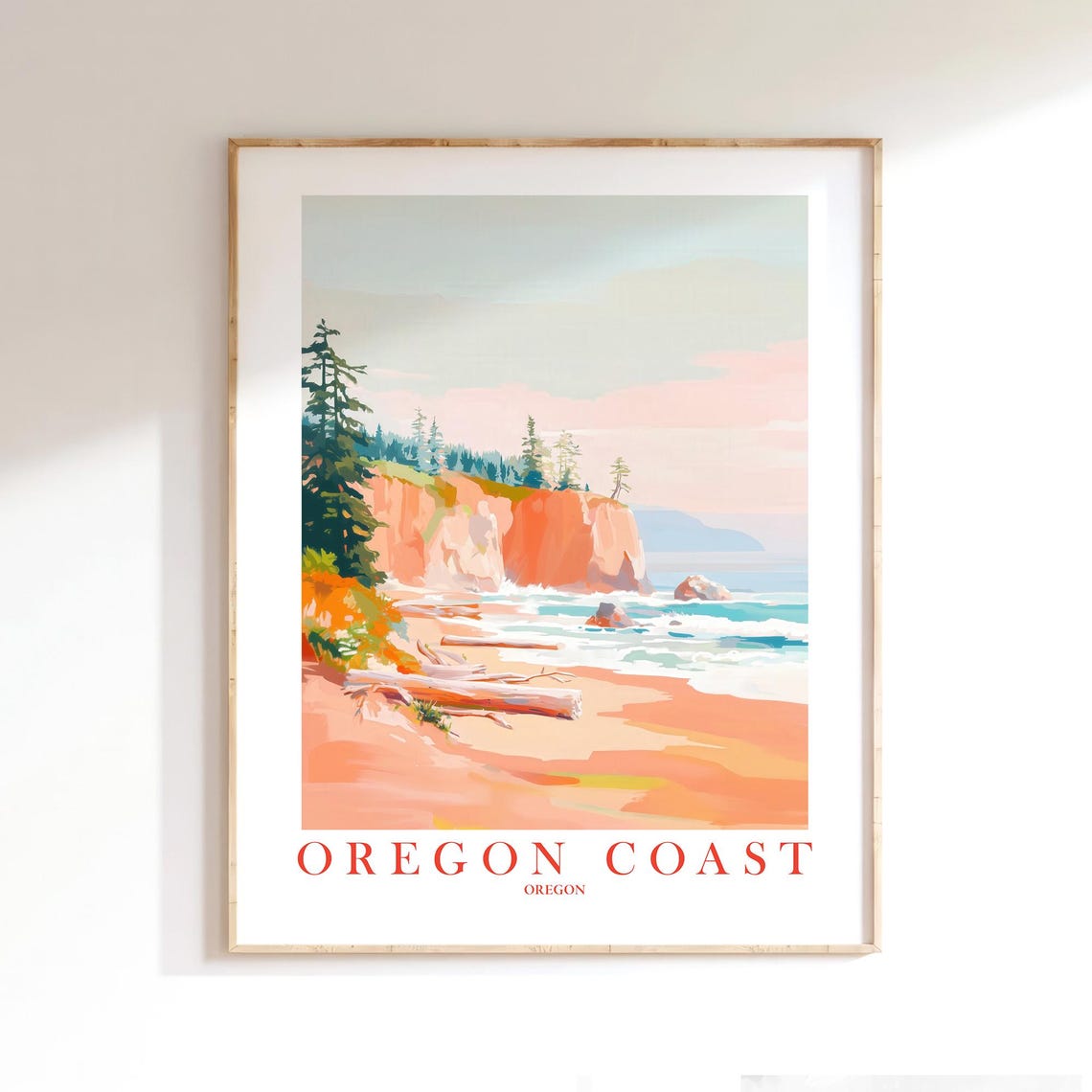 Oregon Coast Pink Cliffs Driftwood Beach Retro Travel Poster