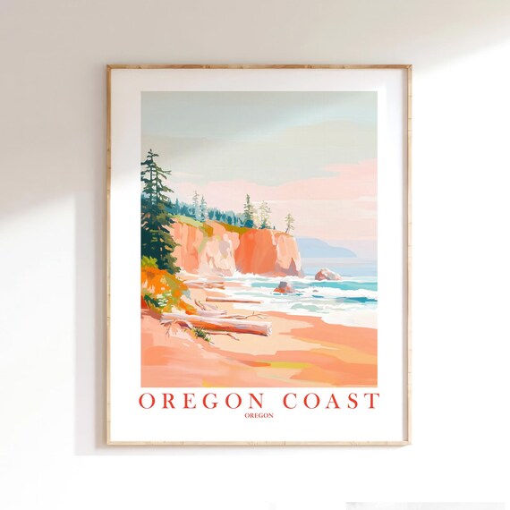 Oregon Coast Pink Cliffs Driftwood Beach Retro Travel Poster