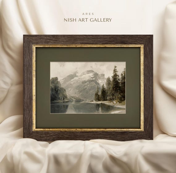 Framed Mountain Art Print Vintage Landscape With Green Mat