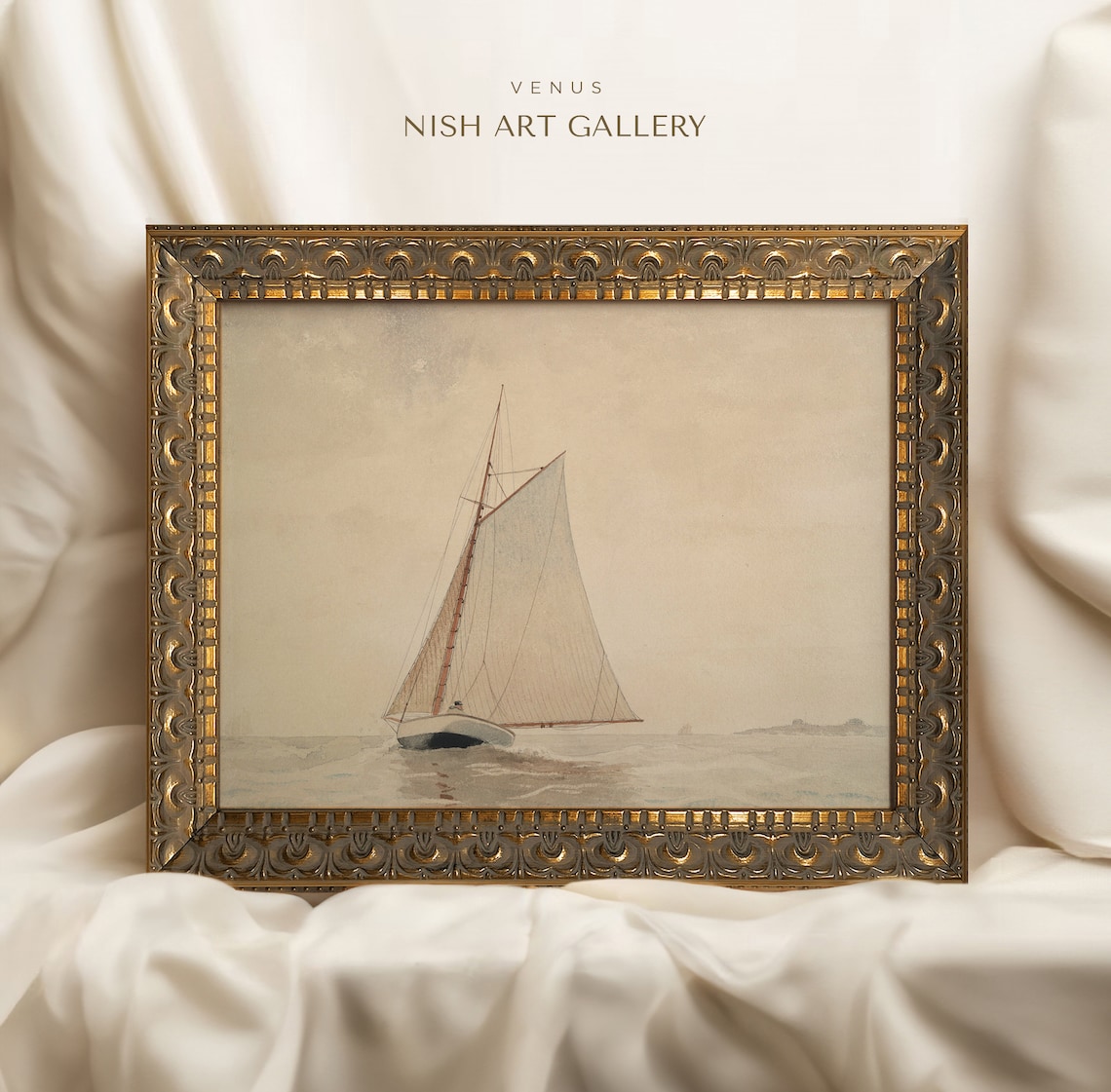 Vintage Sailboat Seascape Art Print, Ornate Gold Frame