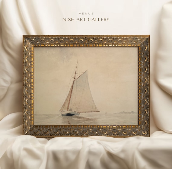 Vintage Sailboat Seascape Art Print, Ornate Gold Frame