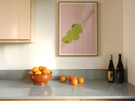 A Salty Olive Hug Olive Skewer Pink Minimalist Kitchen Poster