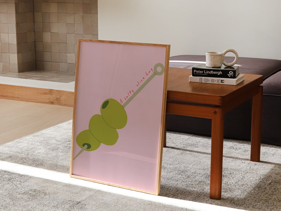 A Salty Olive Hug Olive Skewer Pink Minimalist Kitchen Poster - Image 5