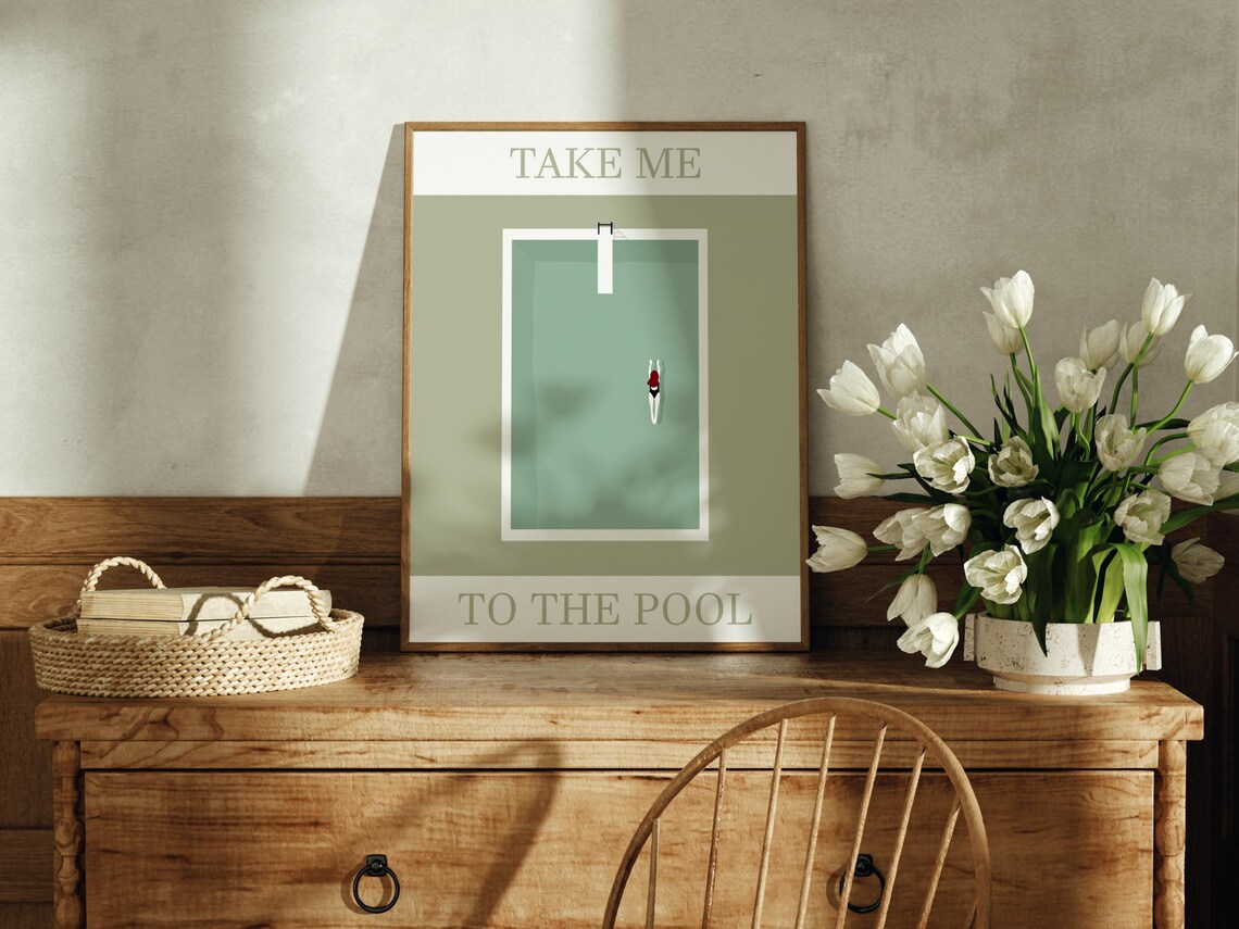 Take Me To The Pool Aerial Swimmer Retro Sage Green Art Poster - Image 2