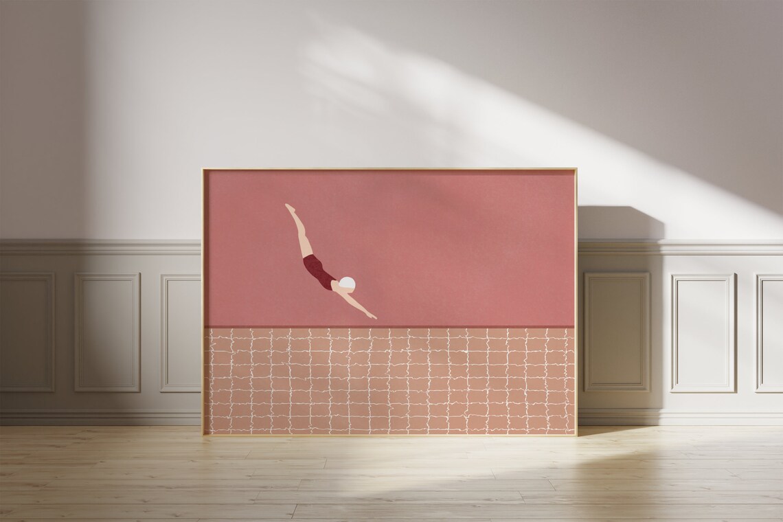 Horizontal Retro Swimmer Diving Print, Vintage Pink Pool - Image 2