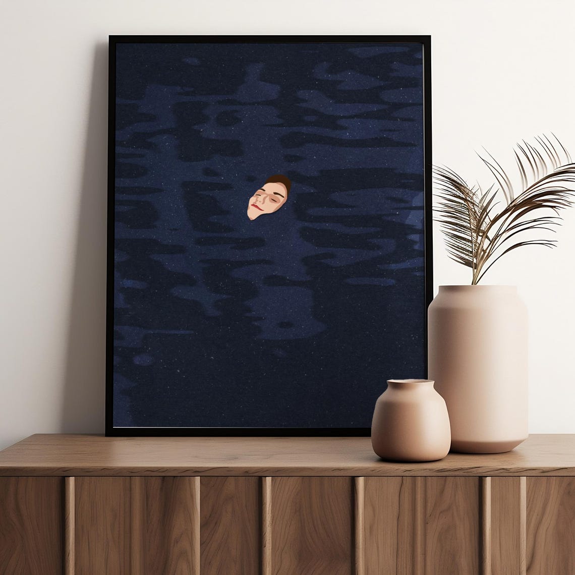 Woman Floating Dark Water Moody Night Swim Minimalist Art Poster - Image 3