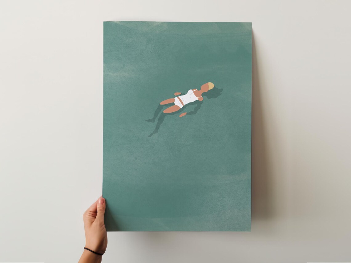 Girl Floating In Pool, Cute Minimalist Beach Art - Image 3