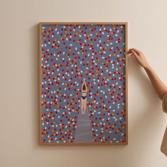 Woman Floating Among Colorful Pills Pop Art Swimming Pool Scene Poster