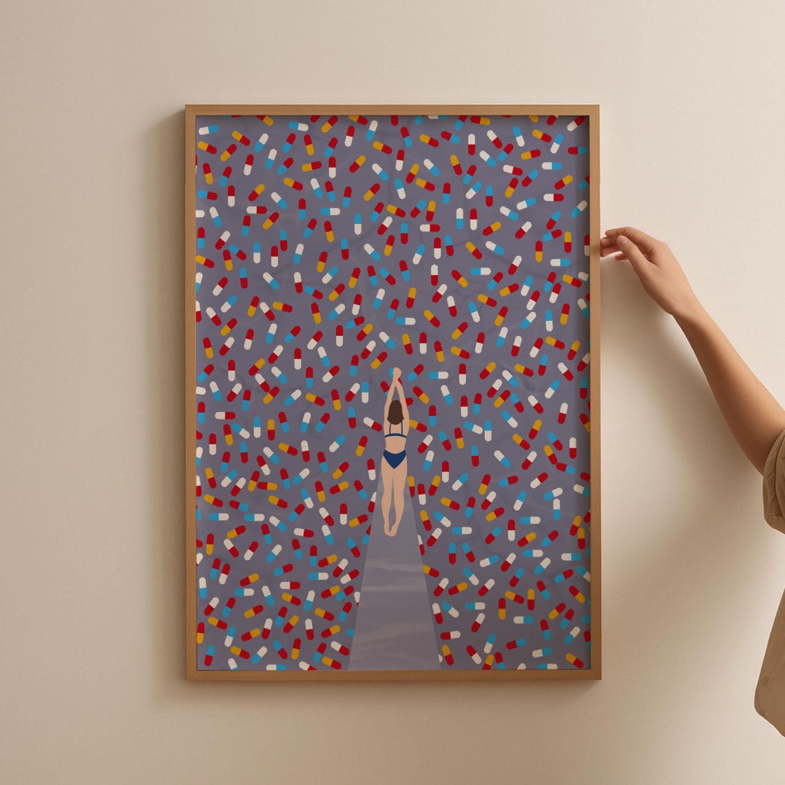 Woman Floating Among Colorful Pills Pop Art Swimming Pool Scene Poster