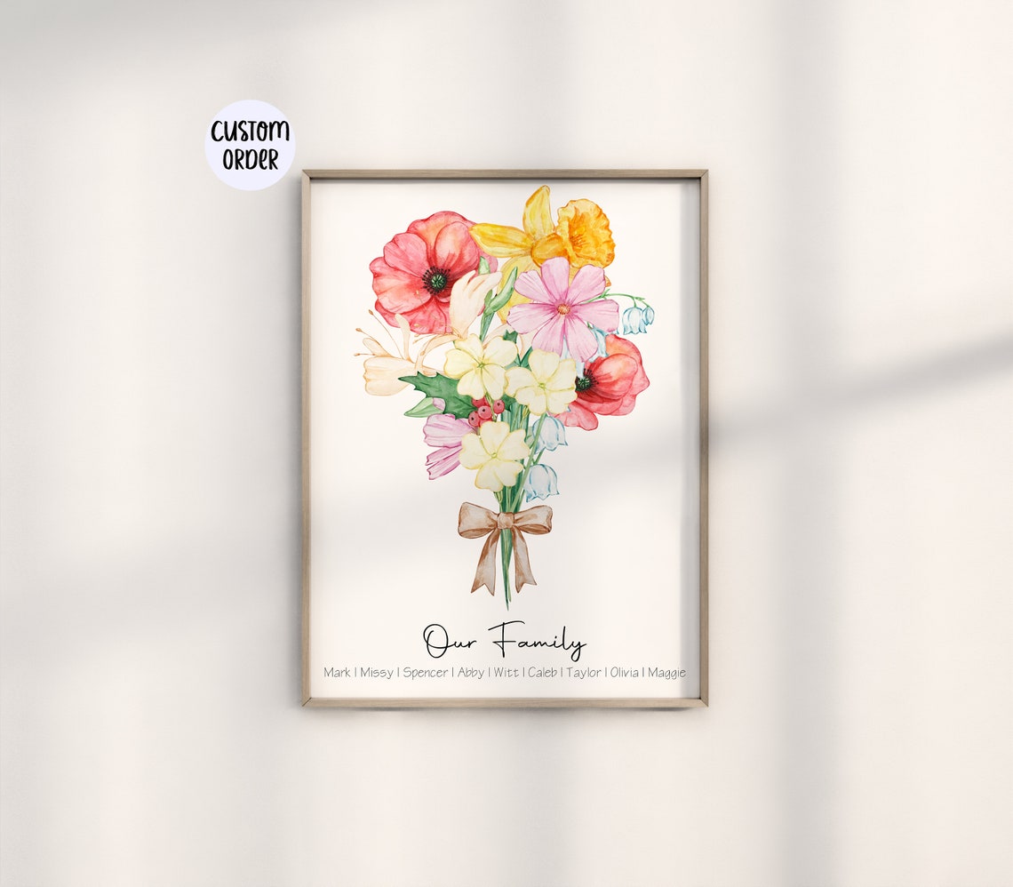 Our Family Nine Flower Watercolor Bouquet Bow Names Keepsake Poster