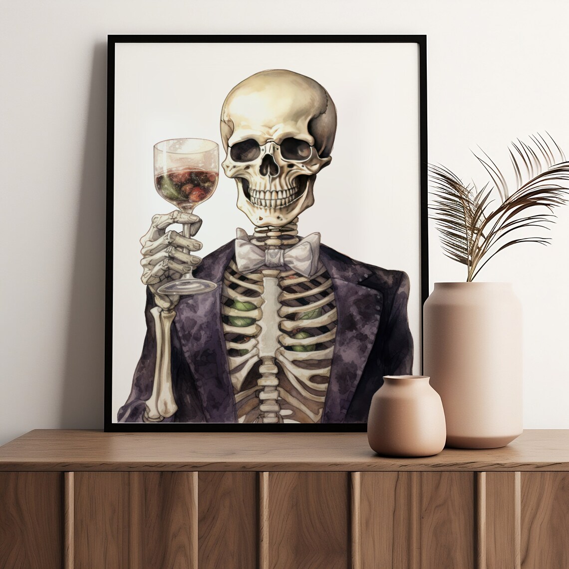 Dapper Skeleton Drinking Wine Watercolor Dark Academia Halloween Poster - Image 3