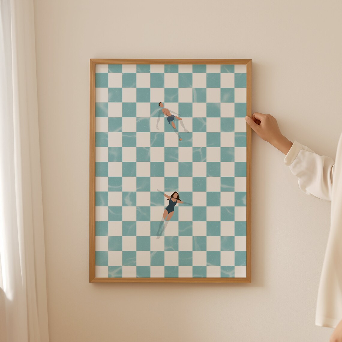 People at Pool Retro Checkerboard Poster Print