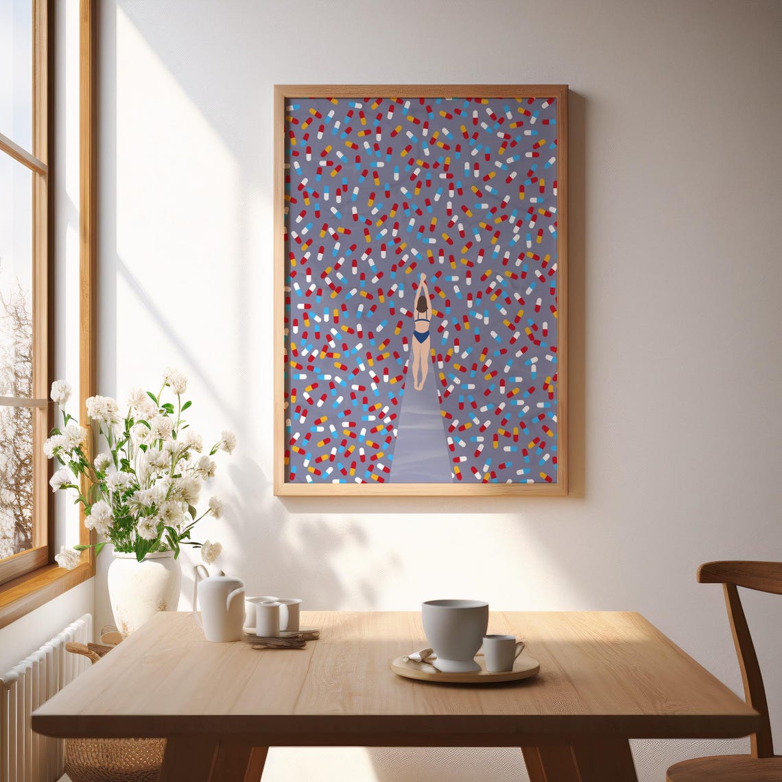 Woman Floating Among Colorful Pills Pop Art Swimming Pool Scene Poster - Image 2