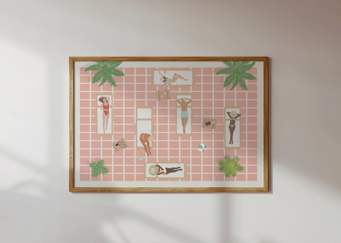 Aerial Pool Party Pink Tiles Palm Trees Retro Summer Lounge Poster