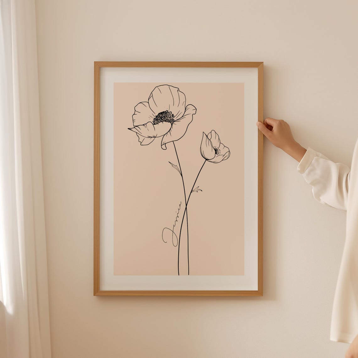 Twin Poppy Line Art Peach Background Minimalist Botanical Poster - Image 2